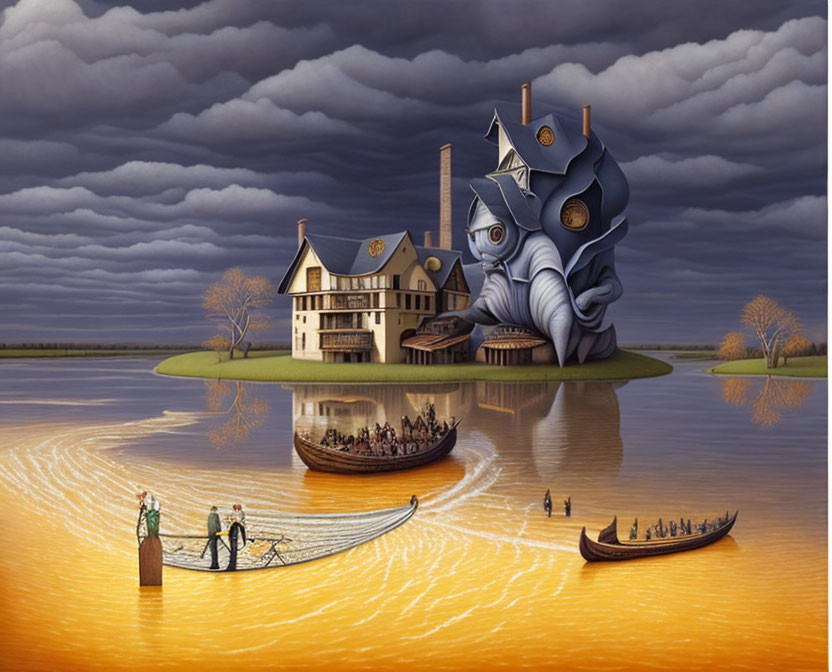 Surreal painting: fish with house, golden waters, boats, people, stormy sky