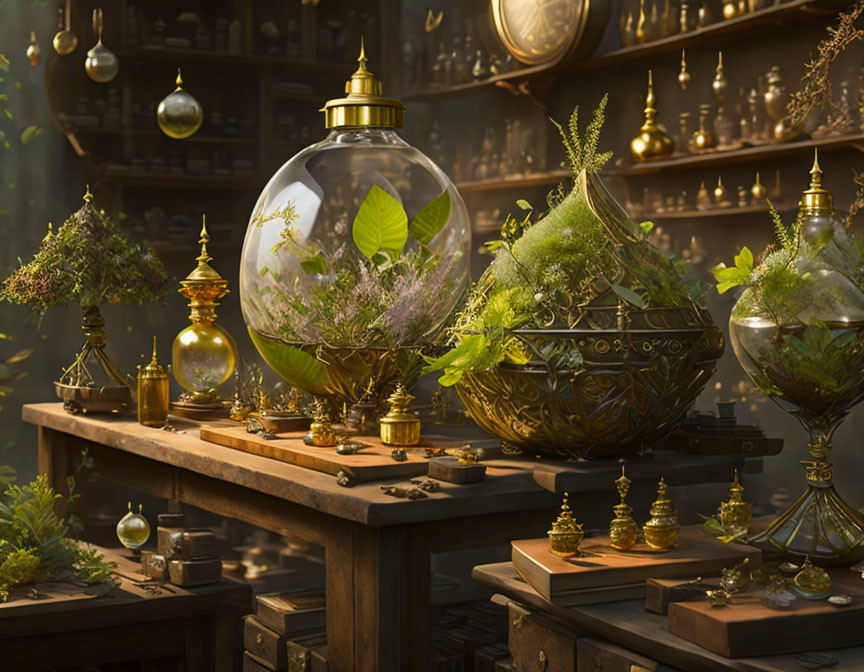 Vintage apothecary with ornate terrariums and bottles under warm light