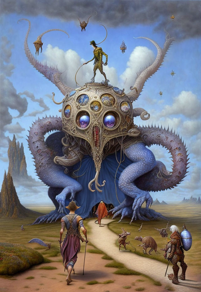 Fantasy painting: Knight faces blue octopus with dragon.