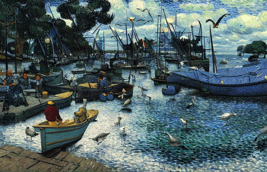 Colorful harbor scene with boats, seagulls, and people in vibrant painting