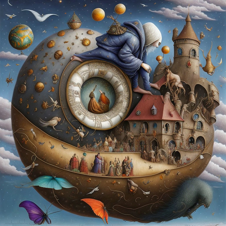 Surreal artwork featuring figure on clock with castles and celestial elements