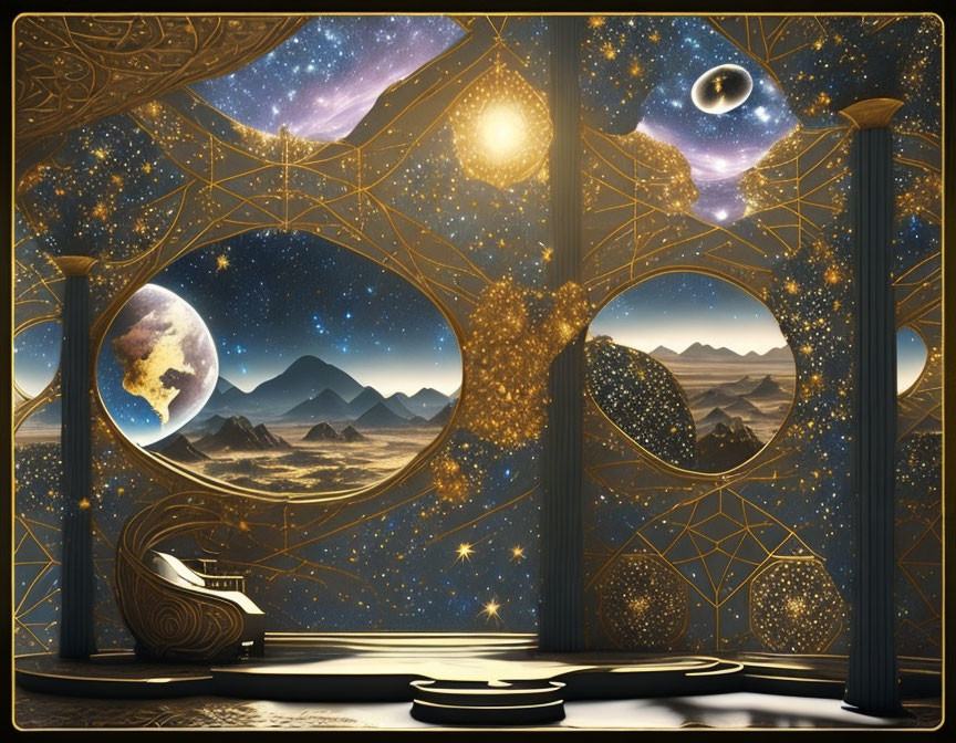 Cosmic-themed room with circular windows showing planets, stars, and galaxies