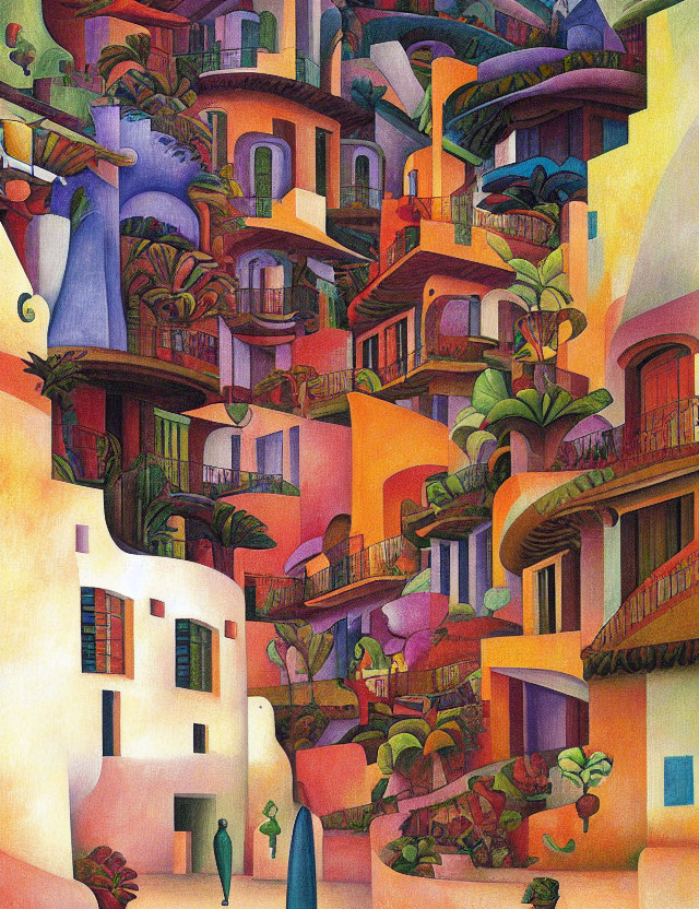 Whimsical village illustration with colorful architecture & lone figure