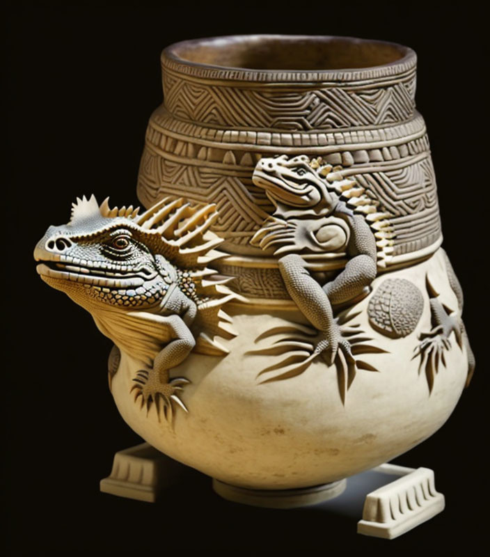 Intricate Lizard Sculptures on Black Pottery Vase