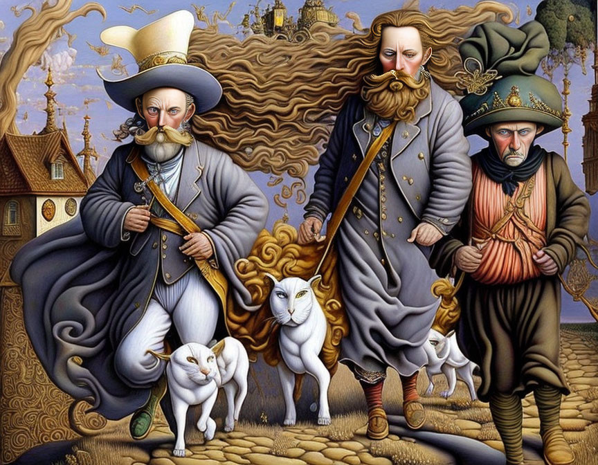 Men with exaggerated facial hair in historical attire, cats, and a fantastical castle.