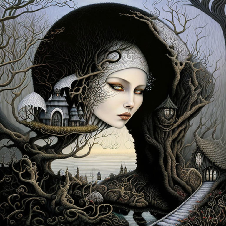 Surreal artwork of woman merging with gnarled tree and gothic house