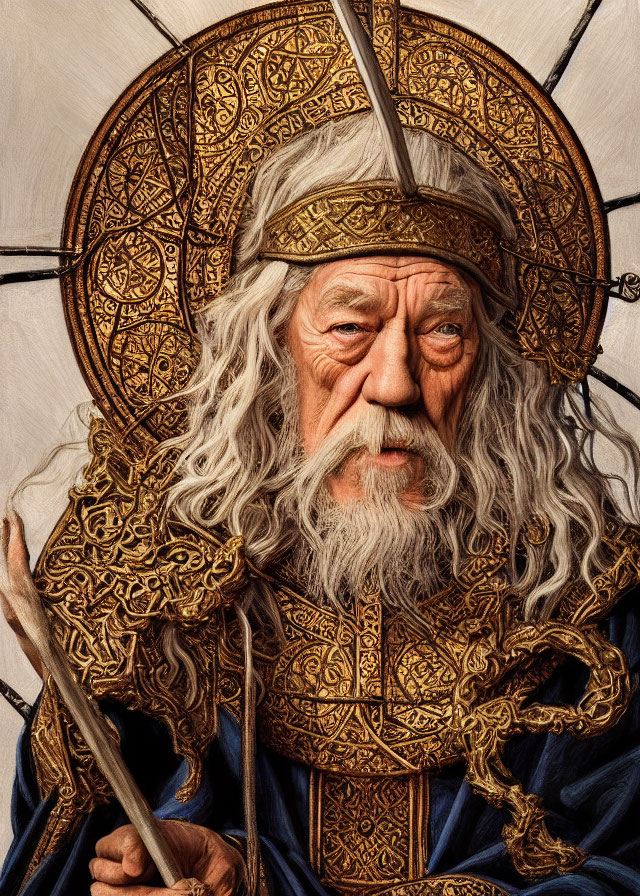 Elderly man in ornate golden armor with white beard and staff