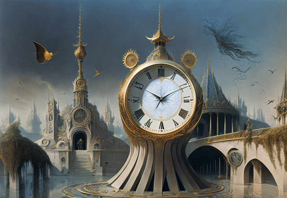 Ornate clock tower in fantasy landscape with gothic architecture