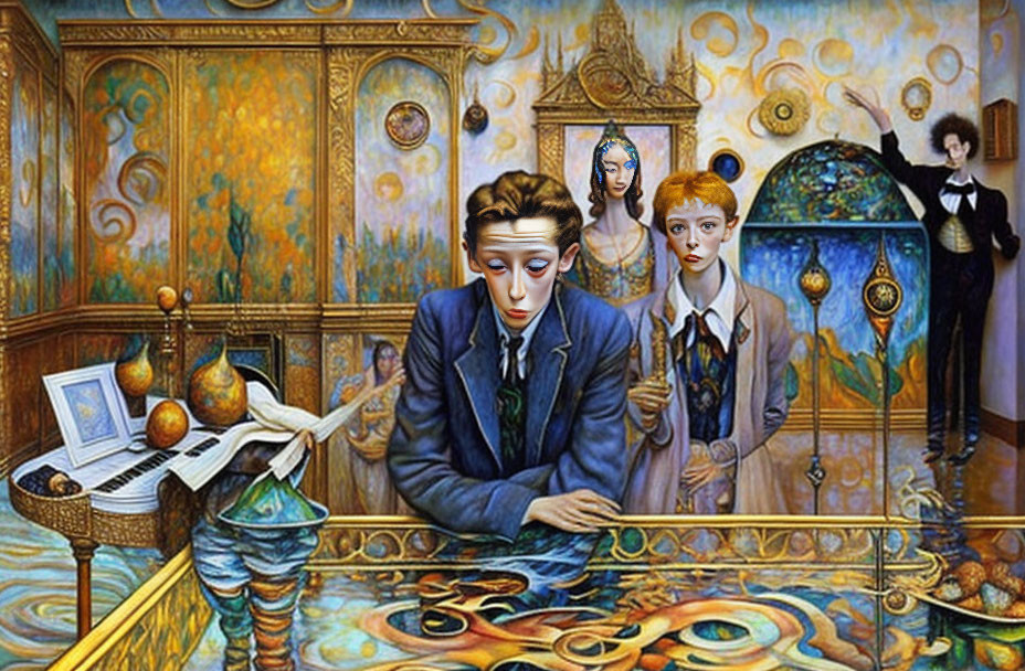 Colorful surrealist painting: Man with sad mask, woman standing, floating masked figure