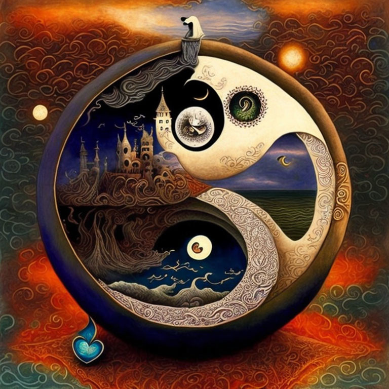 Detailed yin-yang symbol with landscapes: castle, moon, tree, waves, eye, sw