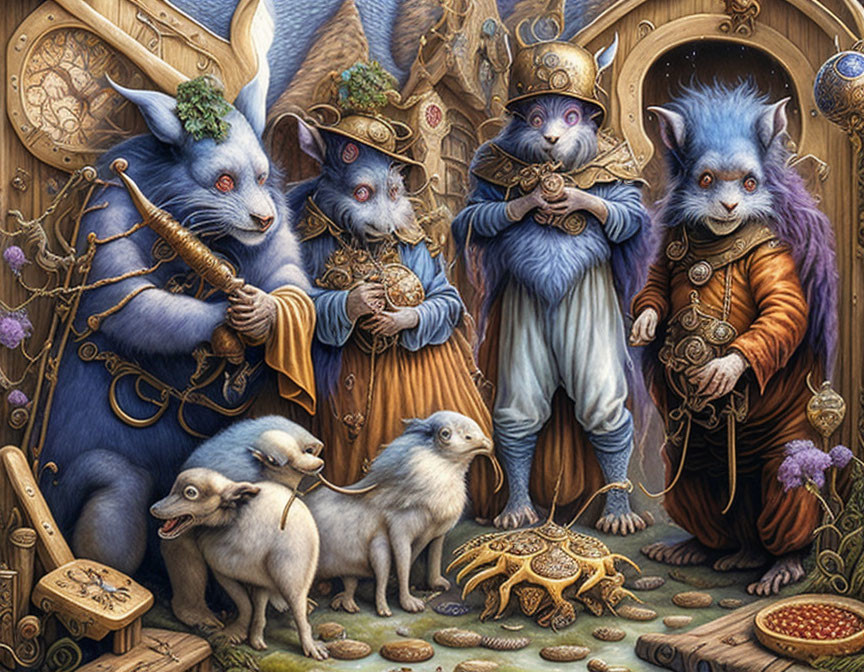 Anthropomorphic mice in royal attire in a medieval fantasy setting