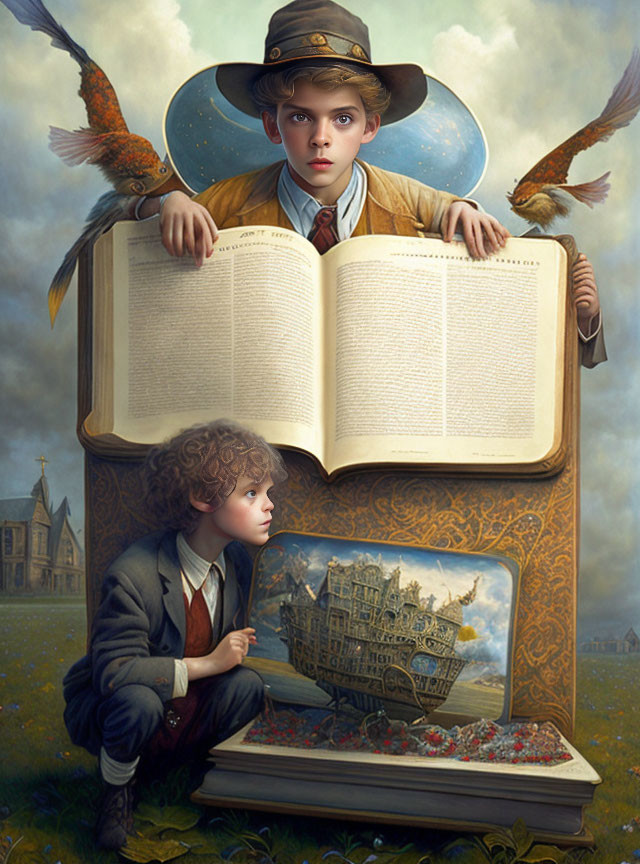 Surreal illustration of two boys with giant book, birds, ship, and stately home