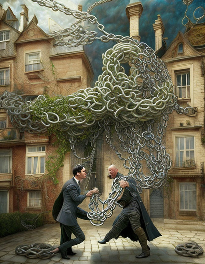 Men in suits tugging tangled chain by floating house