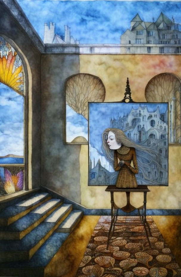 Surreal painting featuring woman with cityscape head and ornamental elements