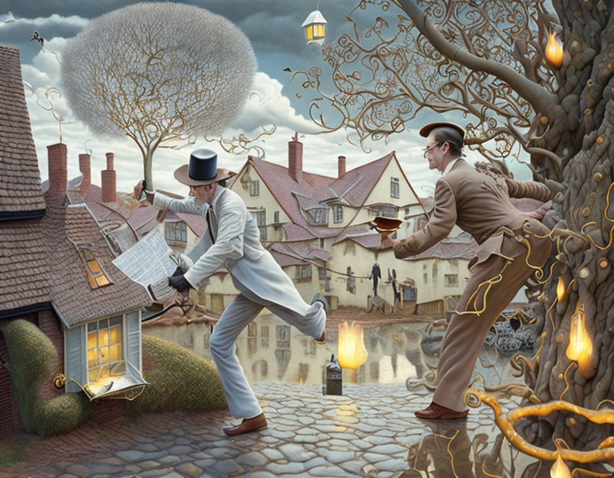 Victorian-era gentlemen with whimsical twist on cobblestone street