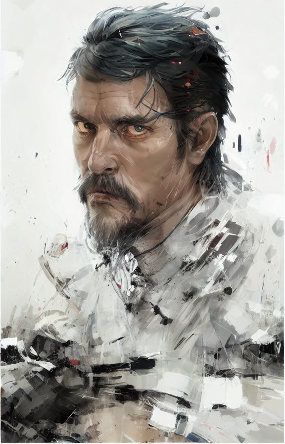 Digital painting of grizzled man with intense eyes and disheveled hair in white garment with black