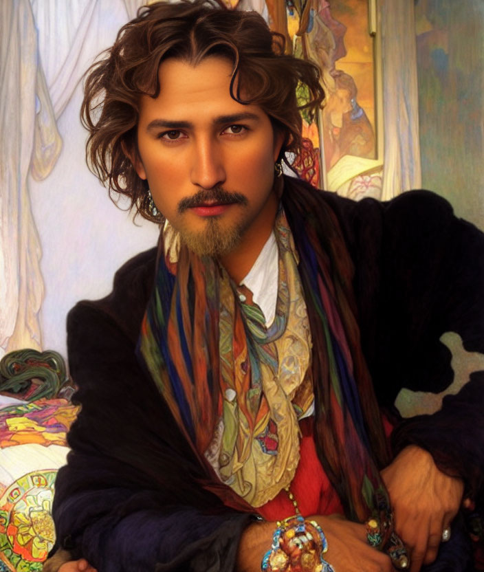 Man with Wavy Hair and Goatee in Colorful Attire and Artistic Background