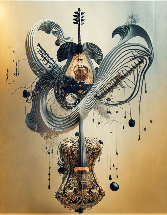 Violin-themed abstract art with swirling patterns on beige background