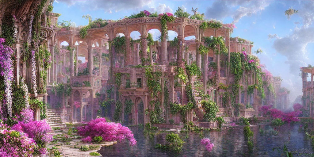 Ancient ruin with lush greenery, pink flowers, and waterway