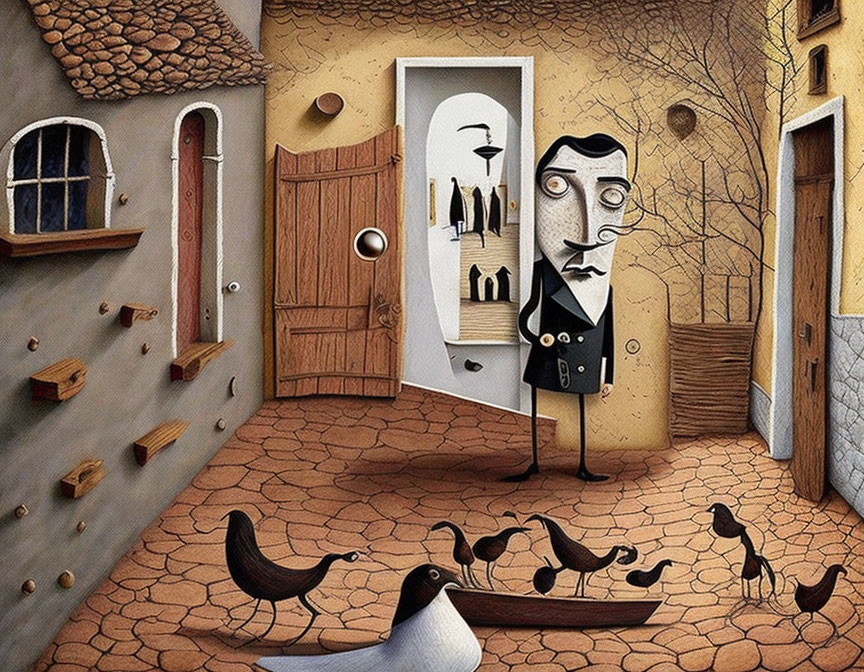 Surreal artwork: man with elongated face in whimsical courtyard