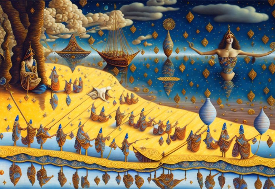 Surreal artwork: Giantess, floating islands, ships, figures on golden fabric landscape