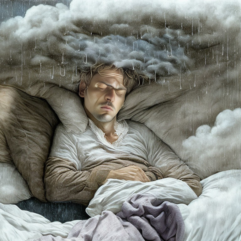 Man Sleeping with Surreal Worry Cloud Above Bed