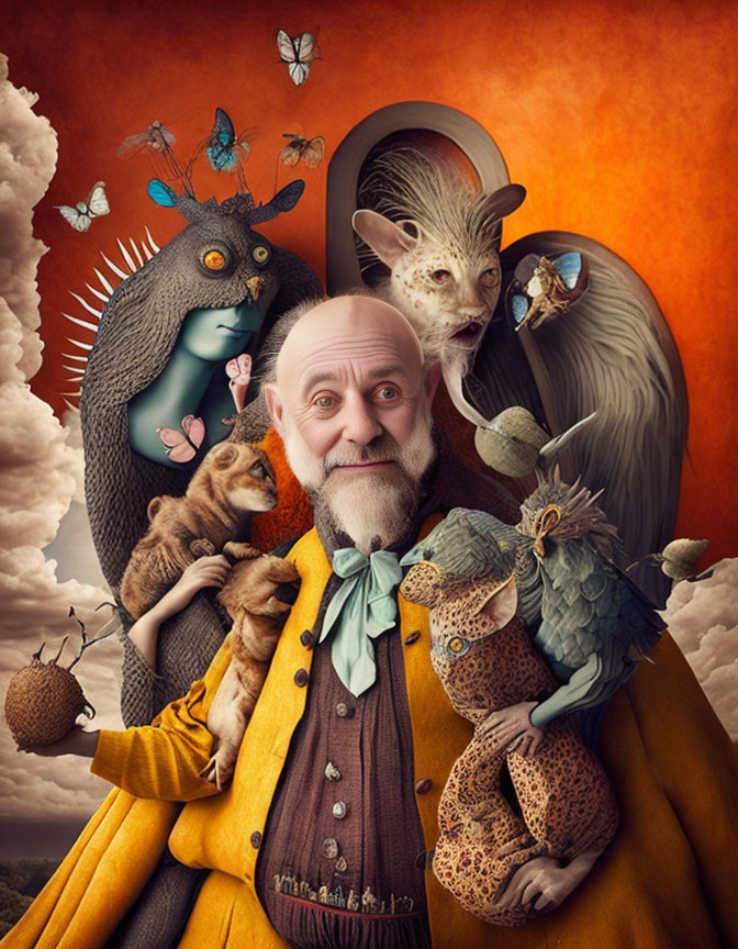 Whimsical portrait featuring fantastical creatures in orange backdrop