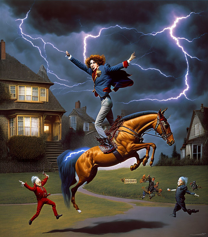 Surreal image of person on glowing horse jumping with lightning and smaller figures.