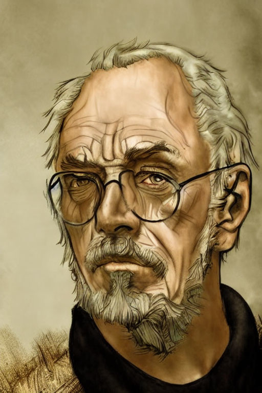 Digital illustration: Older man with glasses, beard, intense gaze, in sepia-toned backdrop