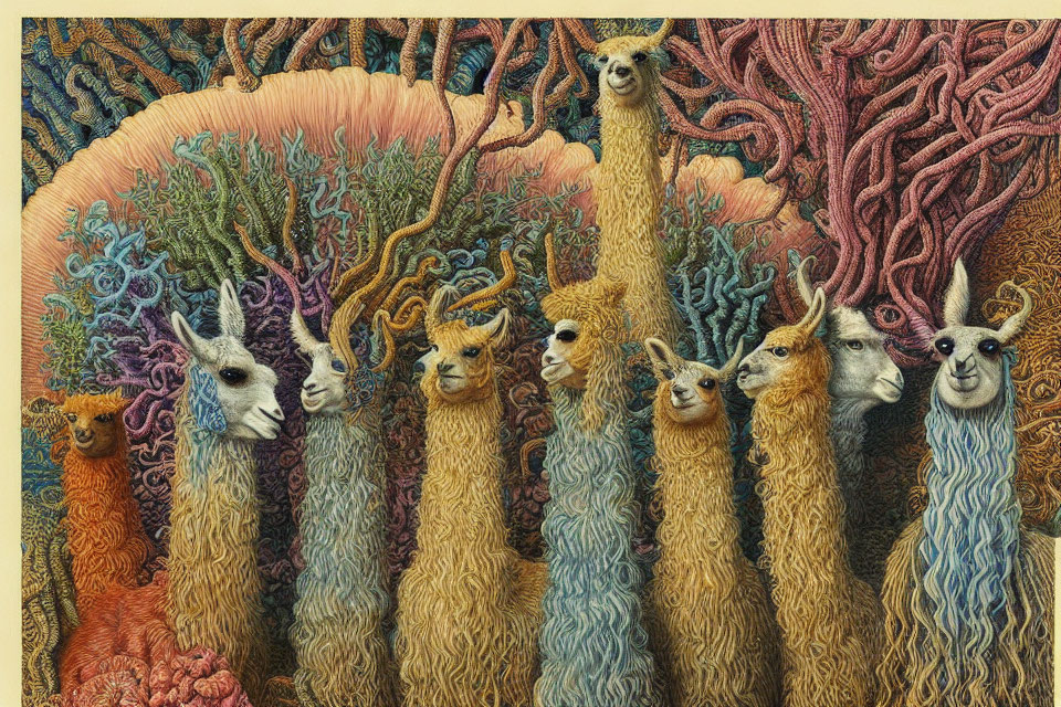 Colorful llamas with intricate wool patterns in whimsical illustration