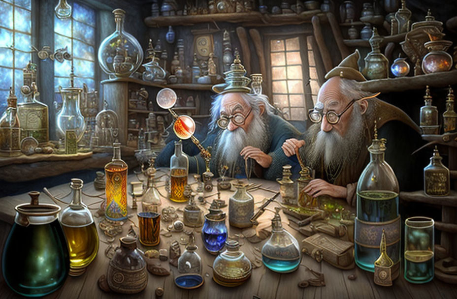 Bearded wizards in dimly-lit mystical workshop with potions, books, and crystal ball