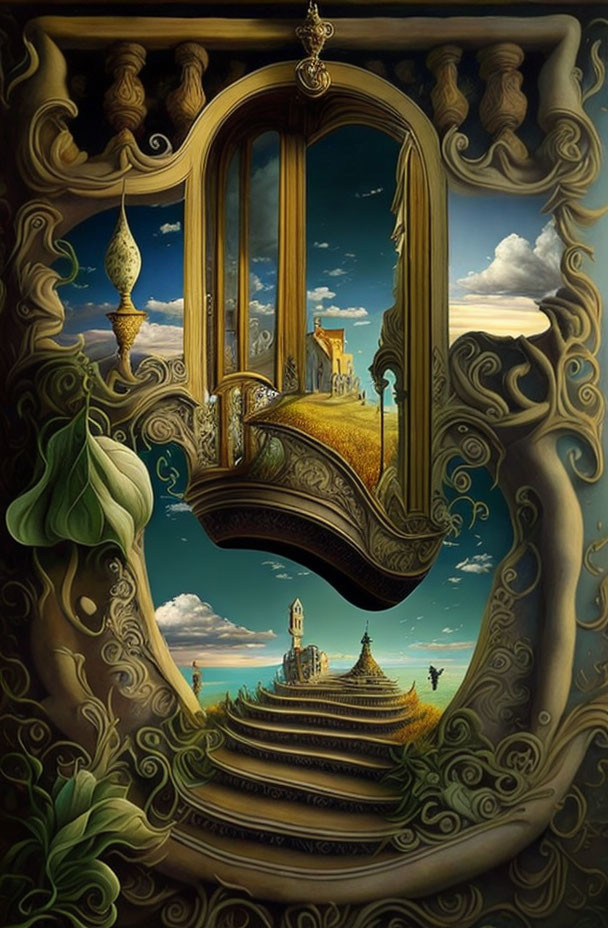 Ornate framed mirror reflects surreal fantasy scene