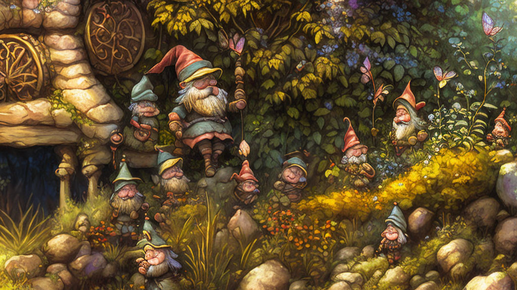 Whimsical gnomes in enchanted forest with intricate plants and cozy tree door