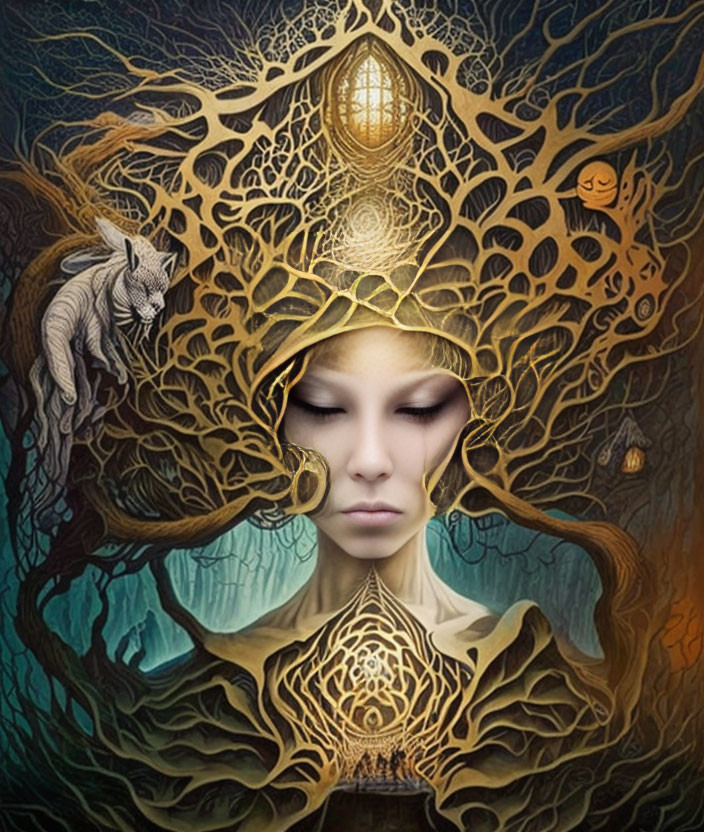 Surreal portrait blending woman's face with tree and wolf against mystical backdrop