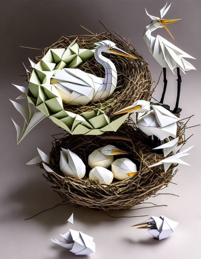 Origami nest with eggs, crane, and feathers art composition