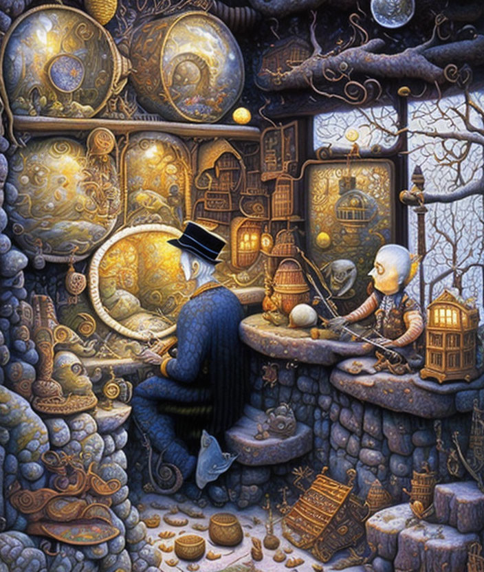 Fantastical room with figures, clocks, gears, books, and birdcage