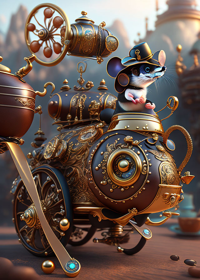 Whimsical image: Stylish mouse in steampunk vehicle & cityscape