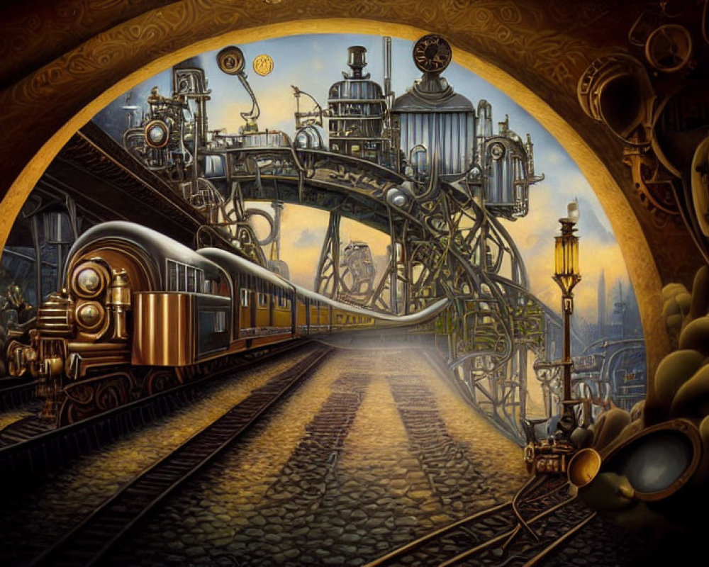 Steam engine arrives at steampunk train station with intricate designs under warm sky