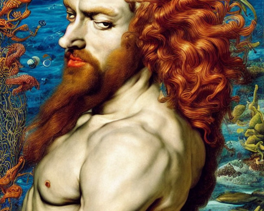 Colorful Painting: Bearded Man with Orange Hair and Underwater Coral