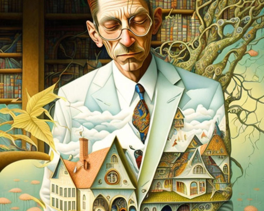 Man with House and Clouds Torso, Tree Branch Veins, Library Background