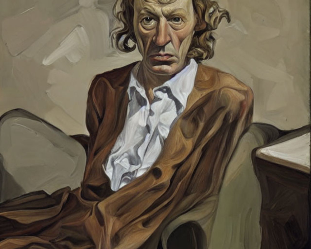 Distorted portrait of a person in brown blazer and white shirt