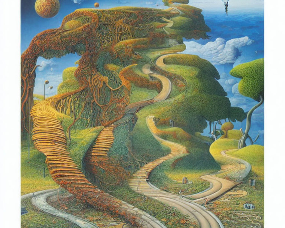 Whimsical painting of winding paths, stairs, hills, planets, and a floating ship