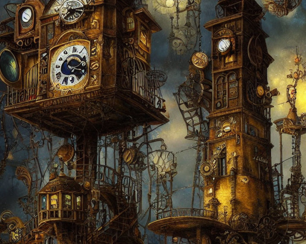 Steampunk towers with clocks and gears on a starry night sky