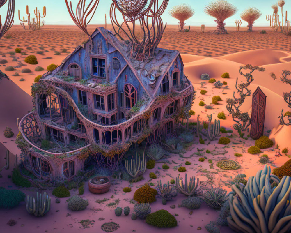 Abandoned house consumed by desert vegetation and cacti at twilight