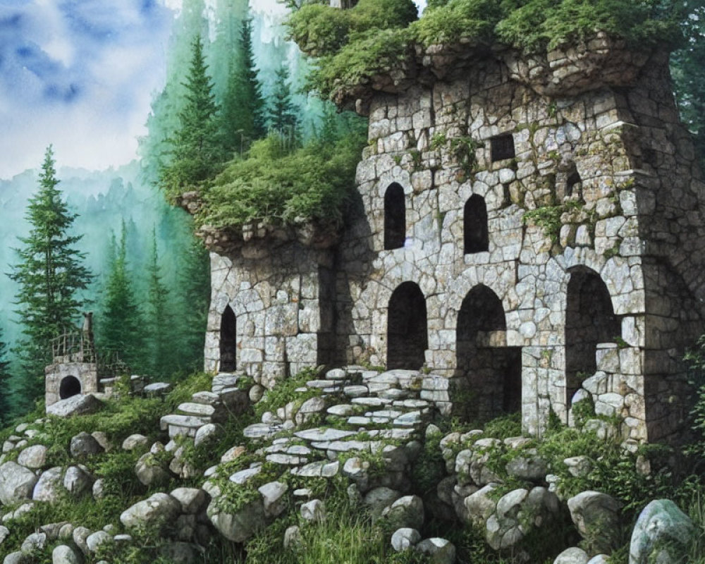 Ancient stone ruin in lush forest under hazy sky