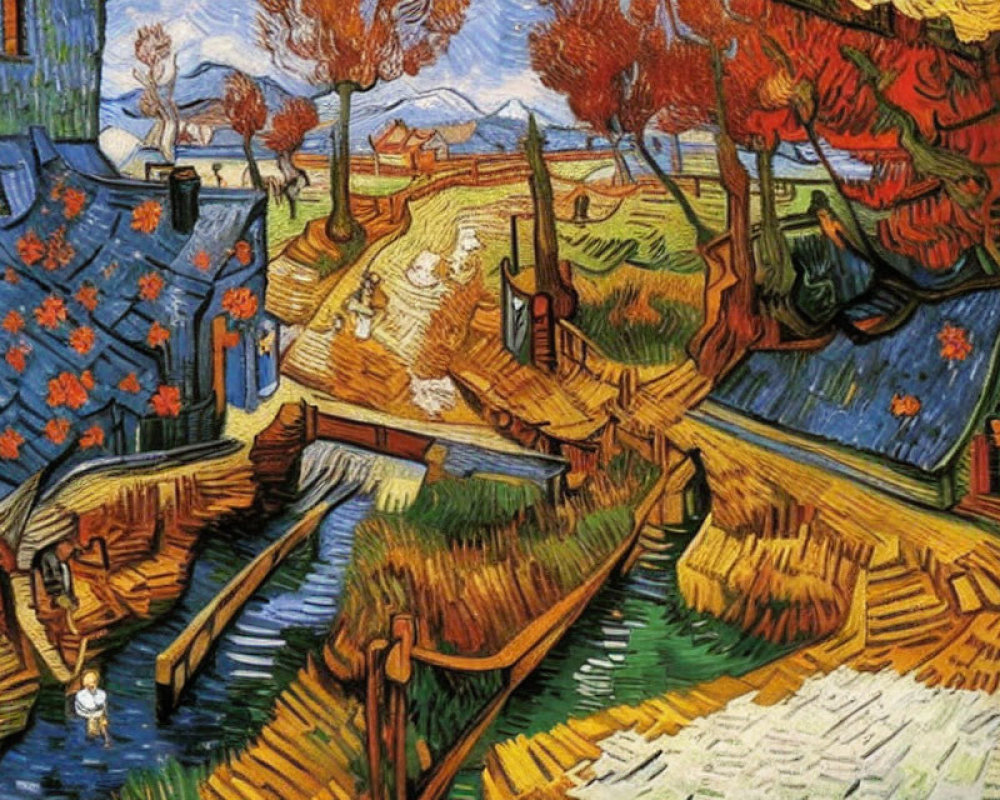 Impressionistic painting of autumn scene with swirling patterns, blue house, and walking figures