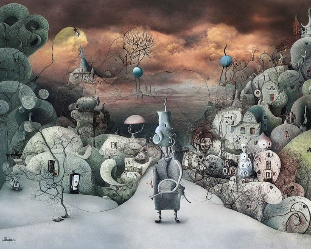 Surreal anthropomorphic character in whimsical landscape