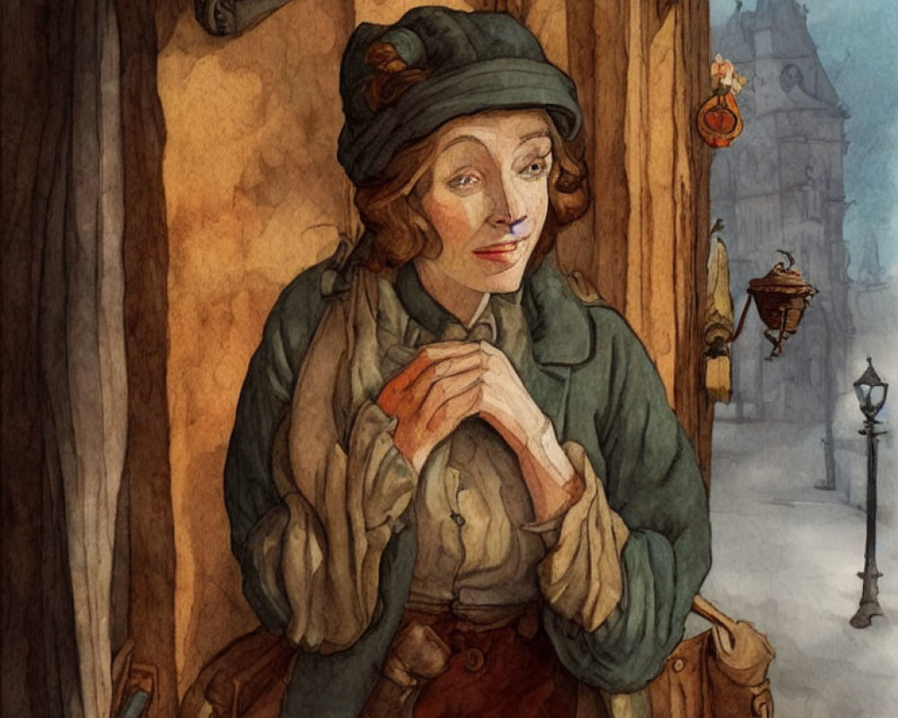 Illustration of woman in green jacket with letter on vintage street