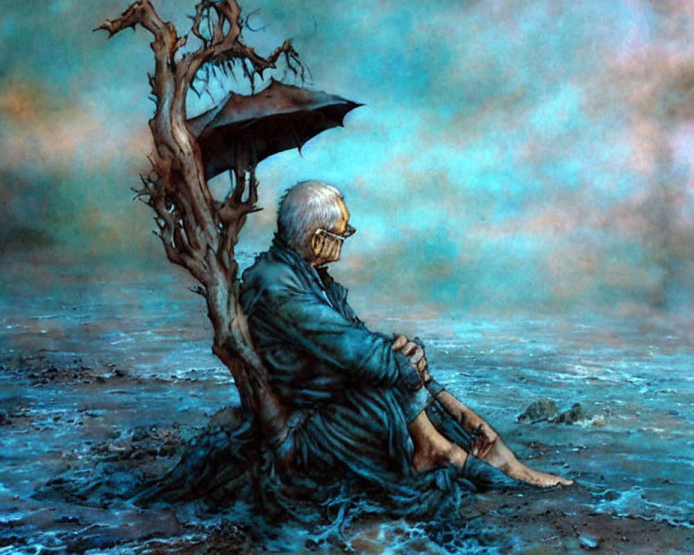 Figure under barren tree with umbrella on foggy beach gazes into distance