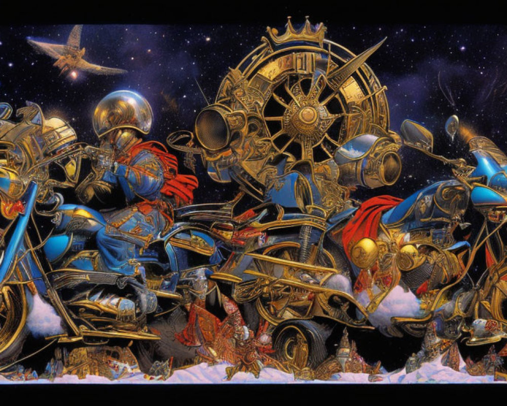 Futuristic illustration of two astronauts on golden mechanical steeds